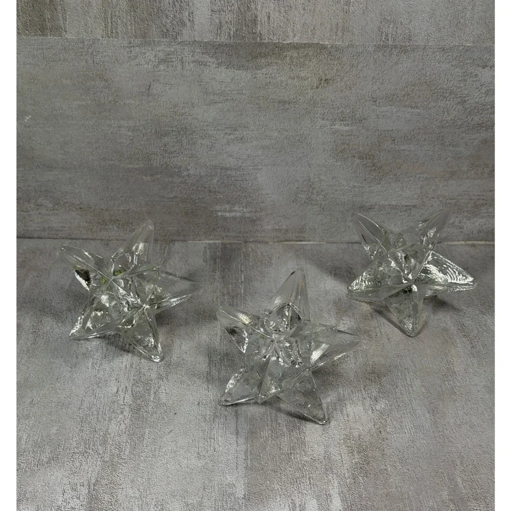 Vintage MCM 9 Point Clear Glass Starburst Candle Holders Set of 3 Celestial 70s
